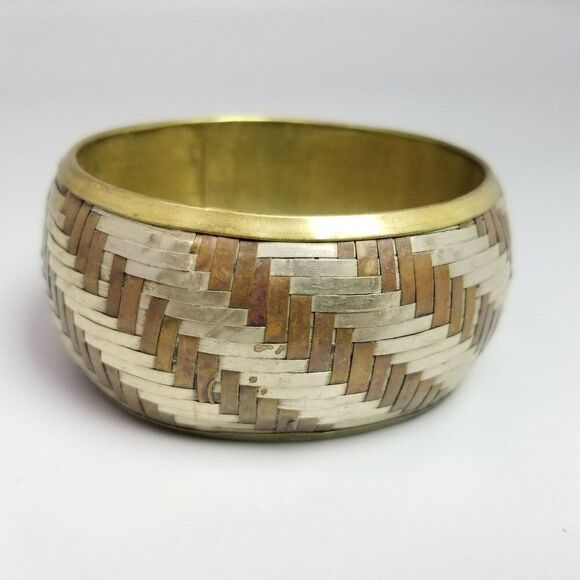 Vintage Braided Woven Mixed Metal Wide Bangle Bracelet, Striped Pattern, Estate - Picture 6 of 6